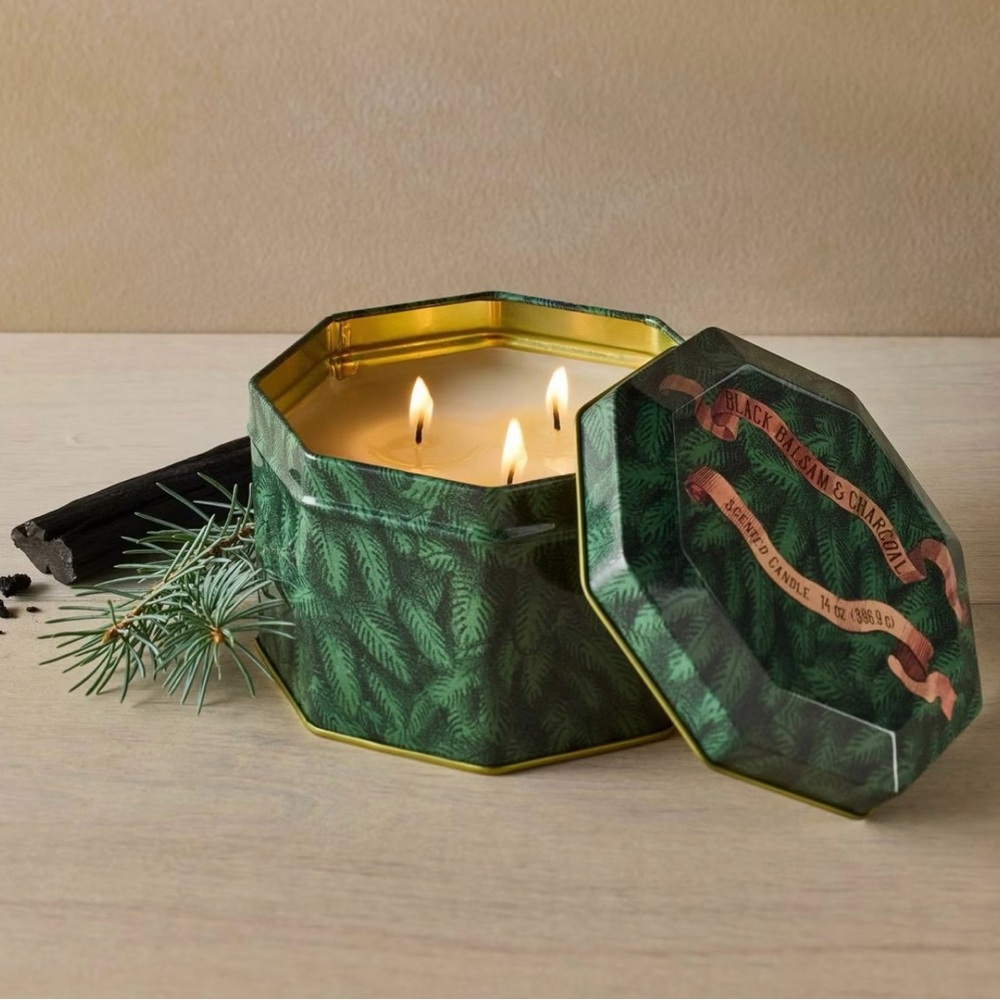 John Derian 14oz Lidded Tin 3-Wick Scented Candle Black Balsam and Charcoal